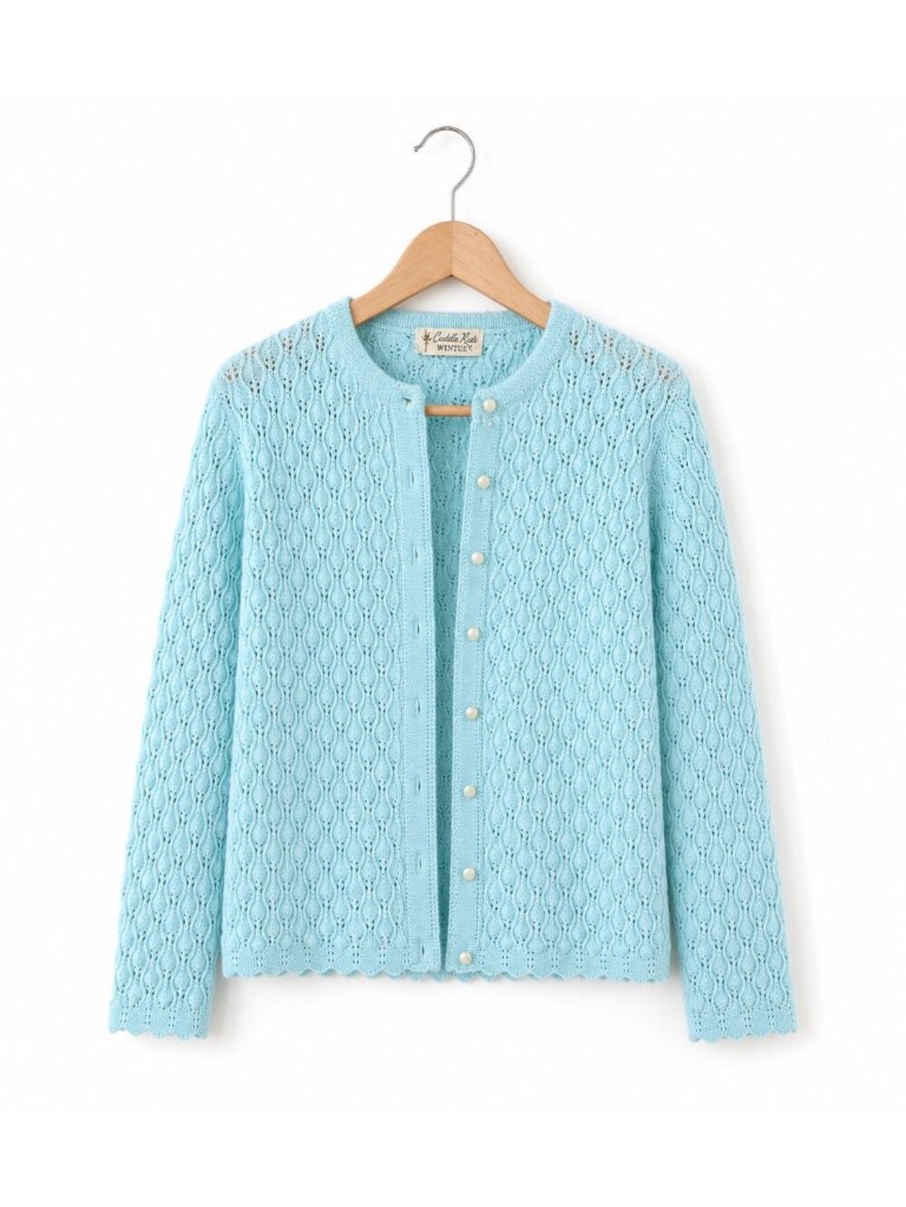 Vintage Cuddle Knit Wintuk Aqua Blue Open Knit Cardigan Sweater Medium - Picture 2 of 8